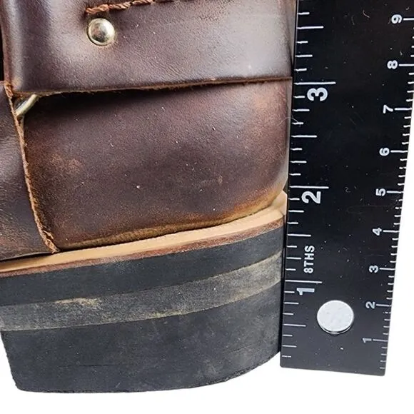 Brown Leather Square Toe Harness Cowboy Boots w Rubber Sole, Size 9.5