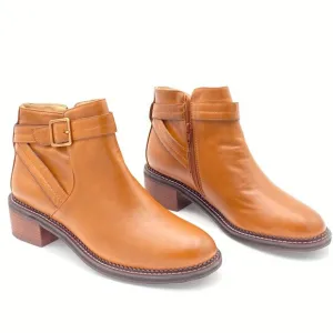 Brown Women Block Low Heel Cowgirl Boots Side Zipper Ankle Bootie with Buckle