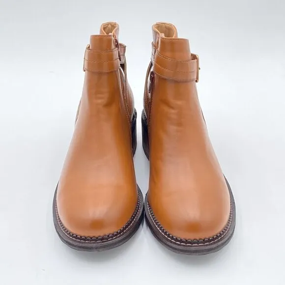 Brown Women Block Low Heel Cowgirl Boots Side Zipper Ankle Bootie with Buckle