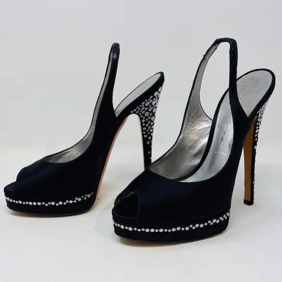 CASADEI**Black Satin Evening Shoes Studs US 6