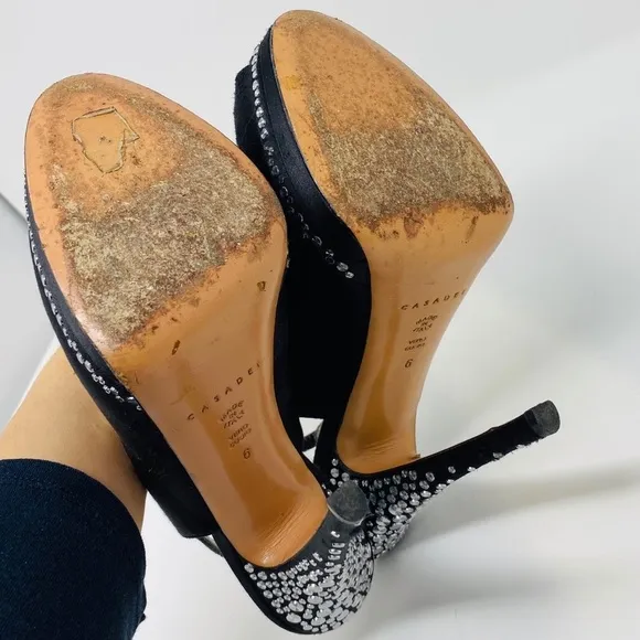 CASADEI**Black Satin Evening Shoes Studs US 6