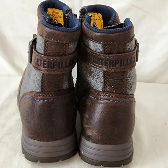 Caterpillar Leather Wool Ankle Boots Work Utility Buckle Brown Gray Size 5.5