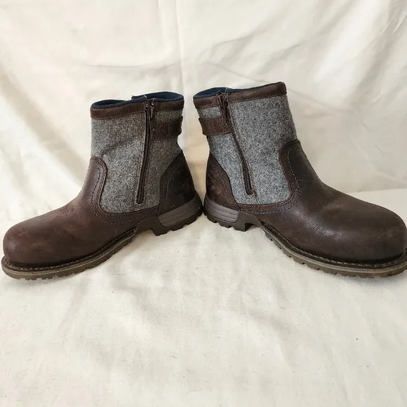 Caterpillar Leather Wool Ankle Boots Work Utility Buckle Brown Gray Size 5.5