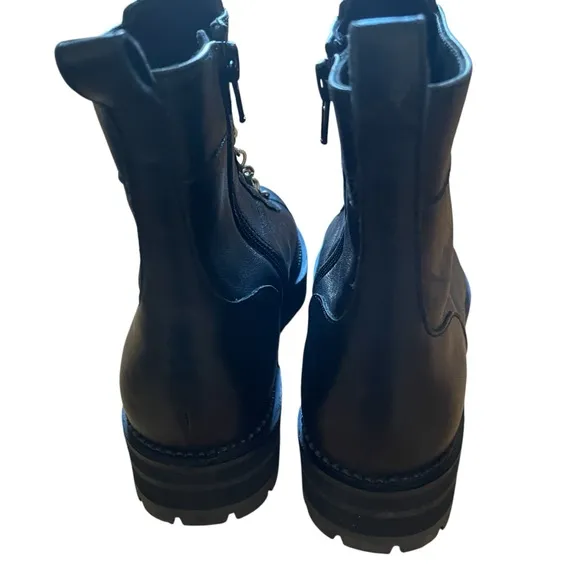 Cecelia New York Black Genuine Leather Ankle Combst Boots with Gold Accents 7.5