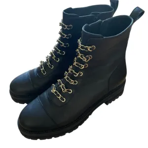 Cecelia New York Black Genuine Leather Ankle Combst Boots with Gold Accents 7.5