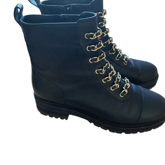 Cecelia New York Black Genuine Leather Ankle Combst Boots with Gold Accents 7.5