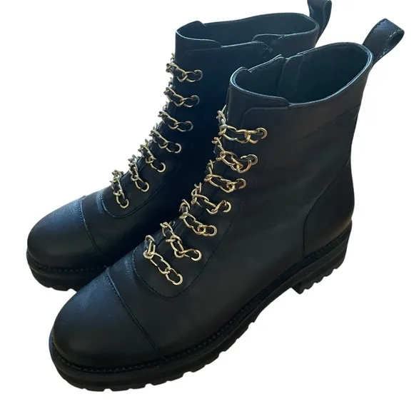 Cecelia New York Black Genuine Leather Ankle Combst Boots with Gold Accents 7.5
