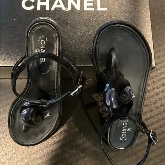 Chanel Black Sandals with Flower Accent