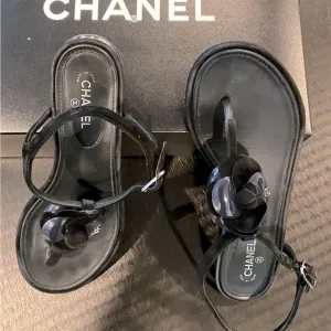 Chanel Black Sandals with Flower Accent