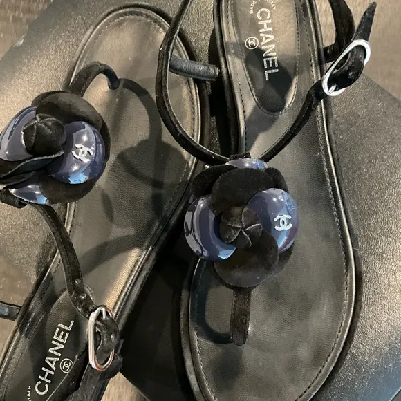 Chanel Black Sandals with Flower Accent