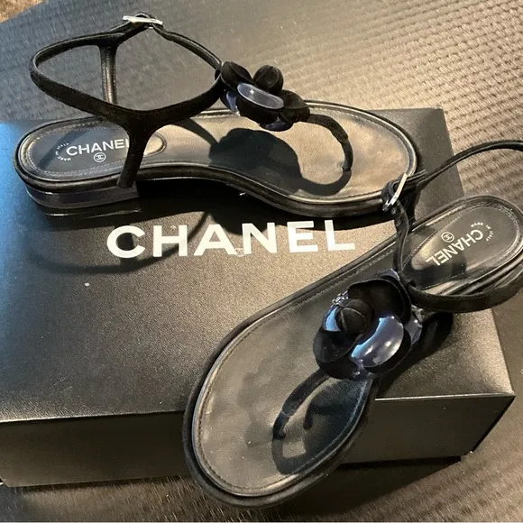 Chanel Black Sandals with Flower Accent