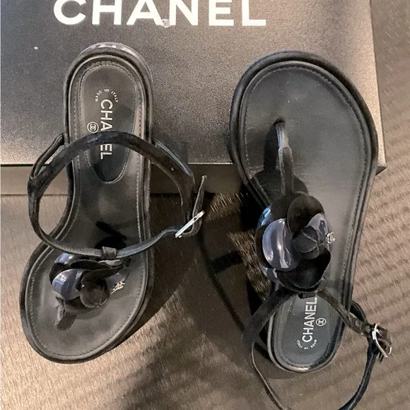 Chanel Black Sandals with Flower Accent