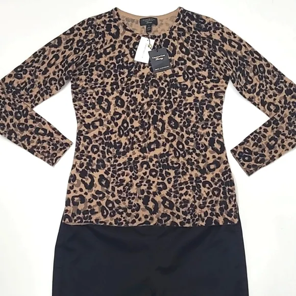 Charter Club Cashmere Sweater Crew Neck Leopard Cheetah Animal Print NWT Sz. Sm.