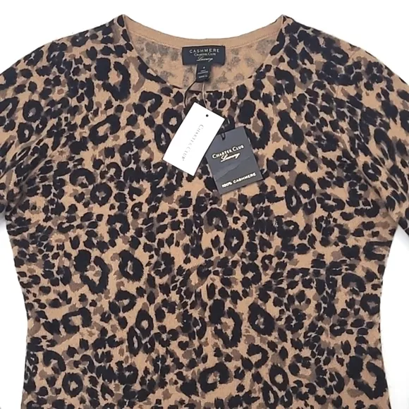 Charter Club Cashmere Sweater Crew Neck Leopard Cheetah Animal Print NWT Sz. Sm.