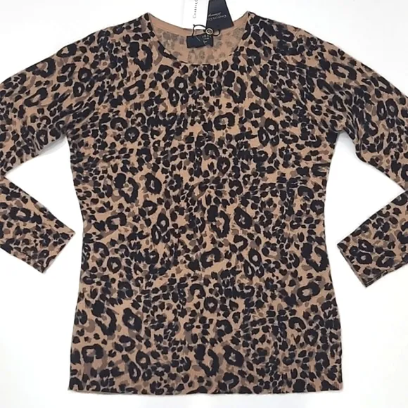 Charter Club Cashmere Sweater Crew Neck Leopard Cheetah Animal Print NWT Sz. Sm.