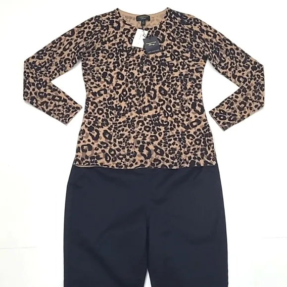 Charter Club Cashmere Sweater Crew Neck Leopard Cheetah Animal Print NWT Sz. Sm.