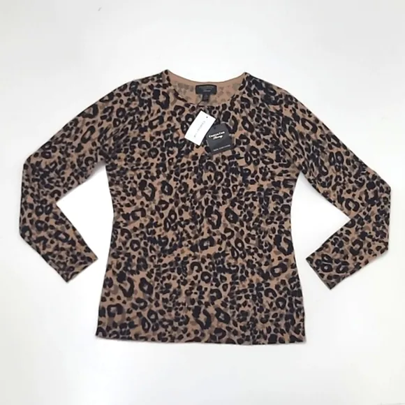 Charter Club Cashmere Sweater Crew Neck Leopard Cheetah Animal Print NWT Sz. Sm.