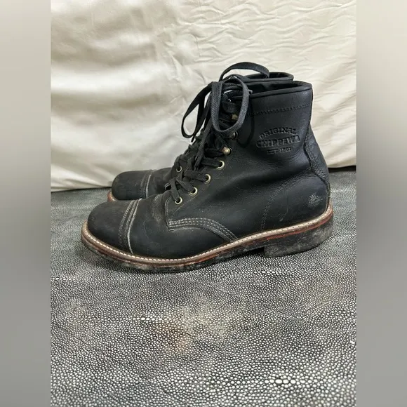 Chippewa Black Leather Lace-Up Boots with Stitched Welt