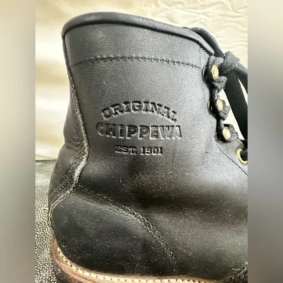 Chippewa Black Leather Lace-Up Boots with Stitched Welt