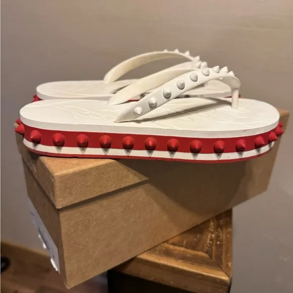 Christian Louboutin White and Red Spiked Sandals