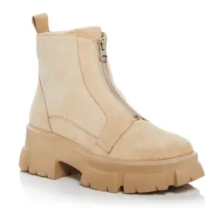 Chunky beige boots AQUA Beige Pull Tab 1-1/2&quot; Platform True Round Toe Zi…