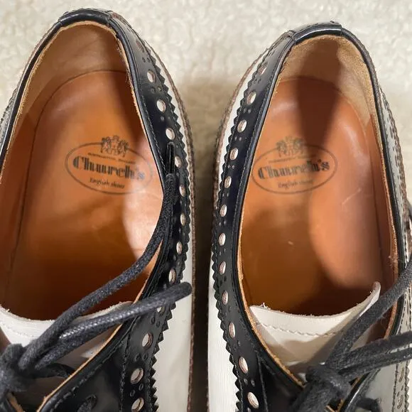Church's Womens Budapester Lace-Up Oxfords Black White Perforated Prep 37.5