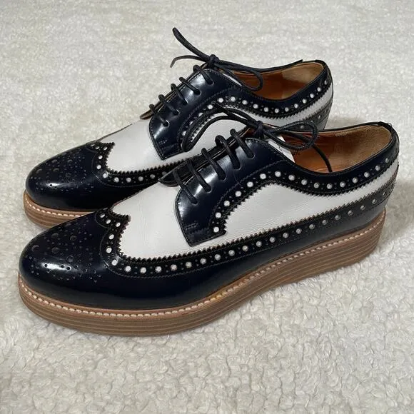 Church's Womens Budapester Lace-Up Oxfords Black White Perforated Prep 37.5