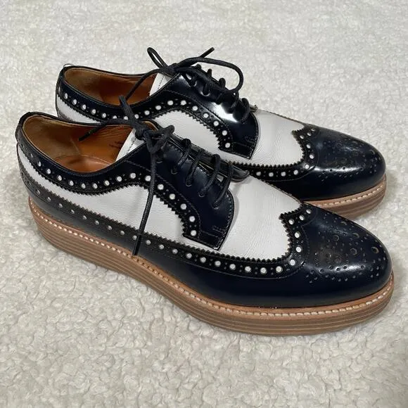 Church's Womens Budapester Lace-Up Oxfords Black White Perforated Prep 37.5