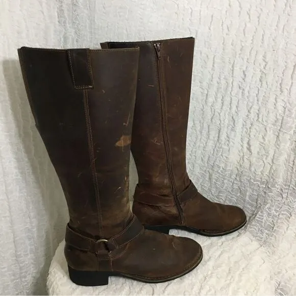 Clarks Buckle Strap Brown Leather Knee High Boots Size 8.5M
