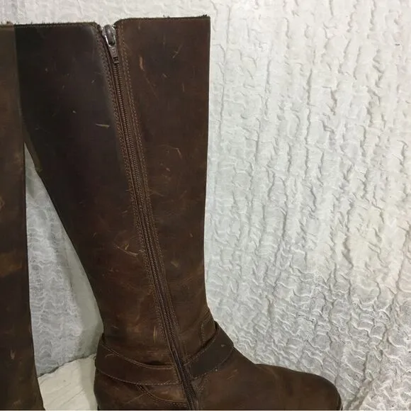 Clarks Buckle Strap Brown Leather Knee High Boots Size 8.5M