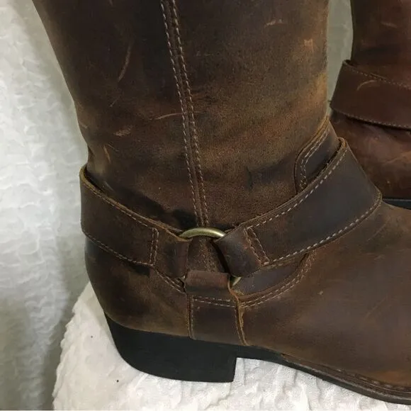 Clarks Buckle Strap Brown Leather Knee High Boots Size 8.5M