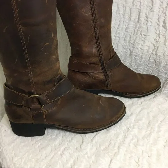 Clarks Buckle Strap Brown Leather Knee High Boots Size 8.5M