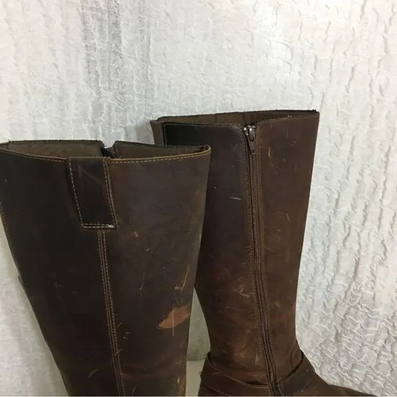 Clarks Buckle Strap Brown Leather Knee High Boots Size 8.5M