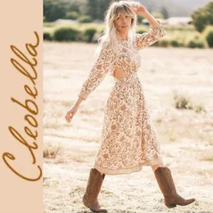 CLEOBELLA GRACEY MIDI DRESS WITH SIDE CUTOUTS IN AUTUMN FLORAL BLOCK PRINT