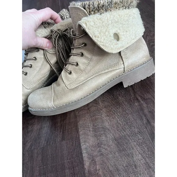 CLIFFS Womens Boots Brown Lace Suede 8.5 Outdoor Minimalist Tan Knit Ankle