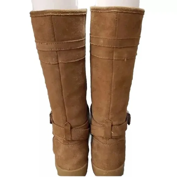COACH &quot;TALLULAH&quot; TAN SUEDE &amp; FAUX SHEARLING LINED EQUESTRIAN BOOTS SIZE 9