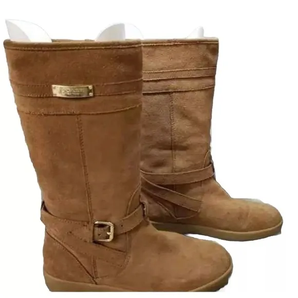 COACH &quot;TALLULAH&quot; TAN SUEDE &amp; FAUX SHEARLING LINED EQUESTRIAN BOOTS SIZE 9