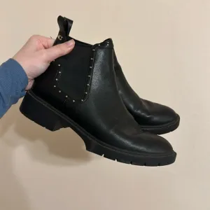 Coach Lory Black Leather Gold Studded Ankle Booties Boots