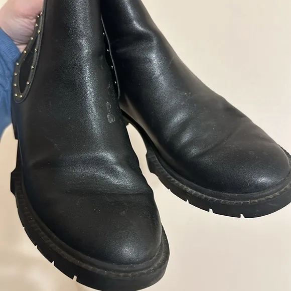 Coach Lory Black Leather Gold Studded Ankle Booties Boots