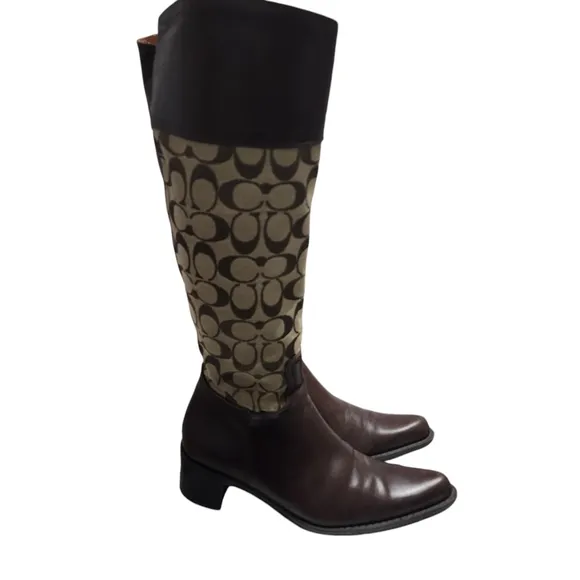 Coach Olivia P156 G2 Brown Leather Tall Signature Jacquard Heeled Boot