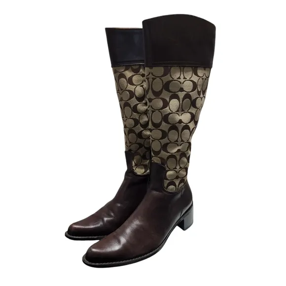 Coach Olivia P156 G2 Brown Leather Tall Signature Jacquard Heeled Boot