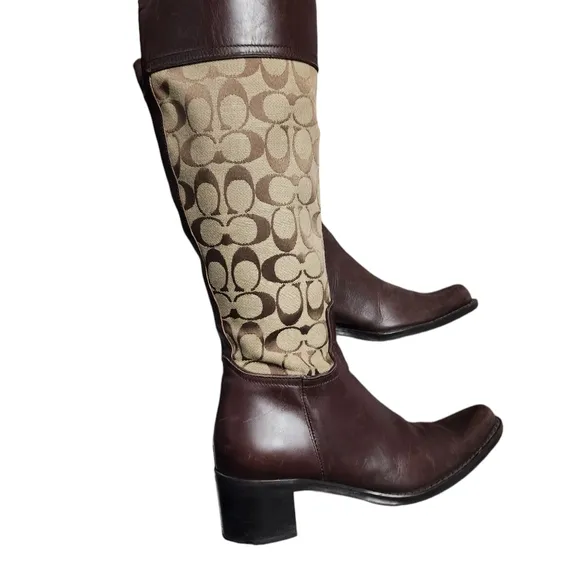 Coach Olivia P156 G2 Brown Leather Tall Signature Jacquard Heeled Boot