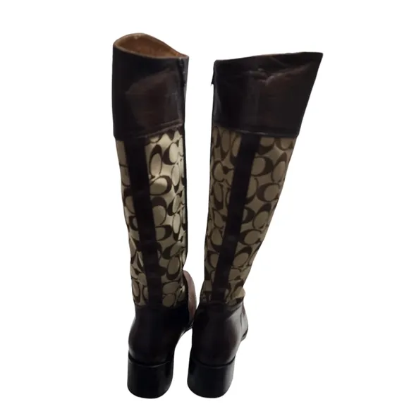 Coach Olivia P156 G2 Brown Leather Tall Signature Jacquard Heeled Boot