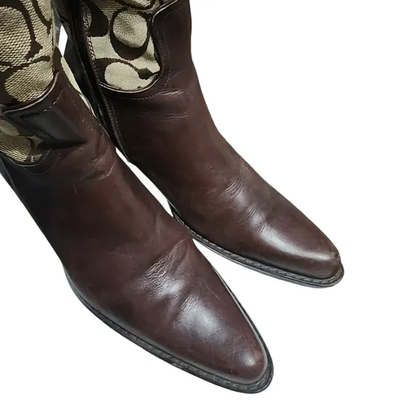 Coach Olivia P156 G2 Brown Leather Tall Signature Jacquard Heeled Boot