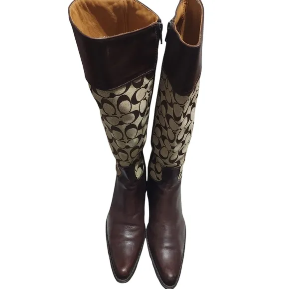 Coach Olivia P156 G2 Brown Leather Tall Signature Jacquard Heeled Boot