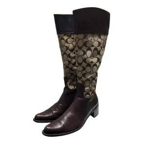 Coach Olivia P156 G2 Brown Leather Tall Signature Jacquard Heeled Boot