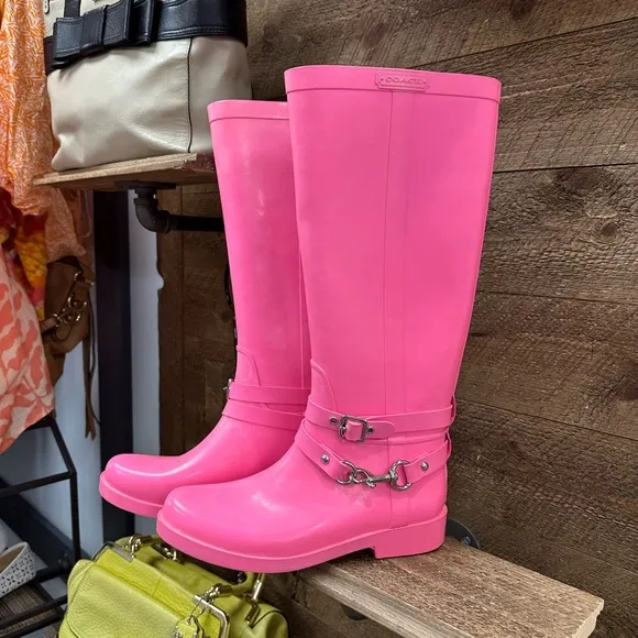 Coach Pink Lori Tall Rain Winter Boots Size 8