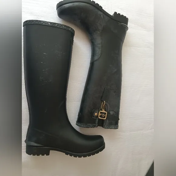 Coach Riley Tall Rubber Rain Boots Black W/ Gold Buckle Hangtag Size 8B