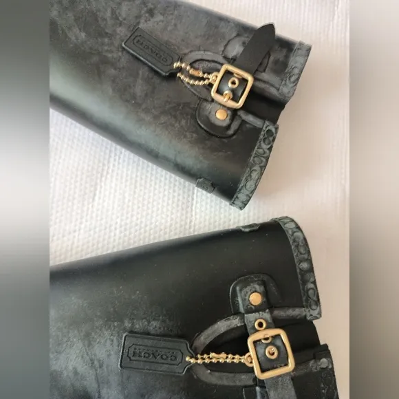 Coach Riley Tall Rubber Rain Boots Black W/ Gold Buckle Hangtag Size 8B