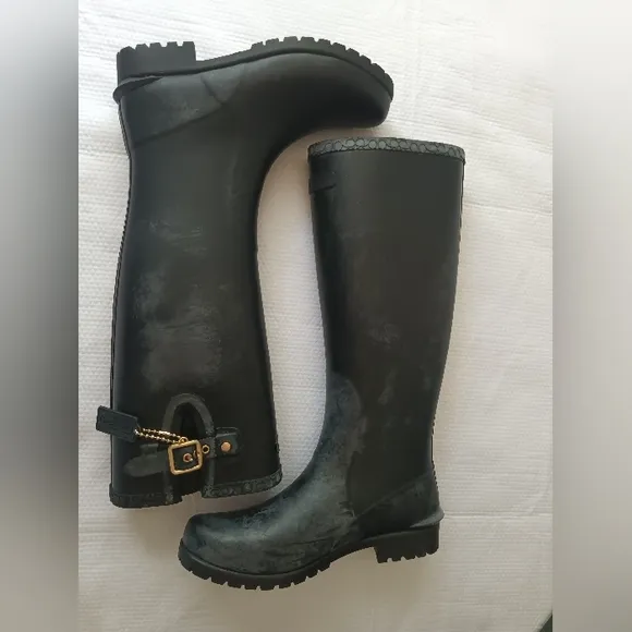Coach Riley Tall Rubber Rain Boots Black W/ Gold Buckle Hangtag Size 8B